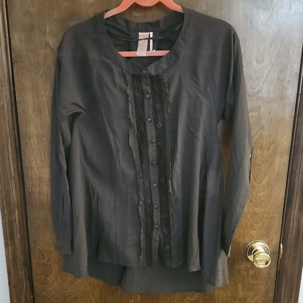 Free People Long Sleeve Black Buttoned Blouse with Mandarin Collar